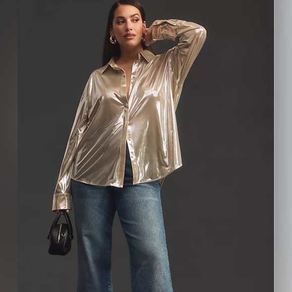 Anthropologie Metallic Silver Blouse NWT shine button up sparkle shimmer - Picture 2 of 6